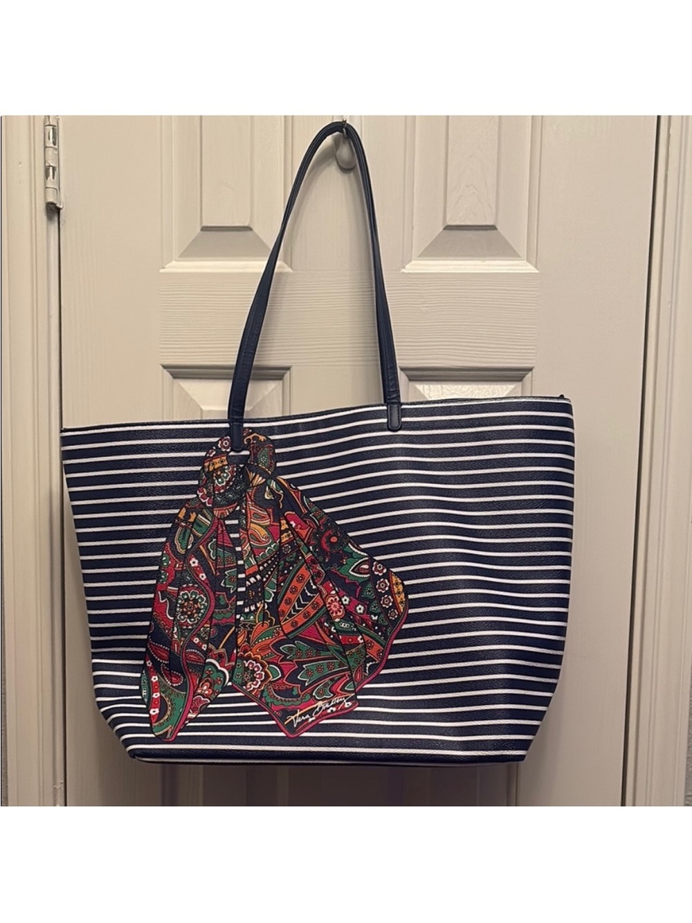 Striped NavyVera Bradley Tote Bag with Colorful Scarf Accent